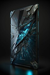 AI generated illustration of a broken glass case illuminated by a vibrant blue light