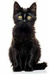 a black cat with yellow eyes sitting down