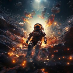 Astronaut surrounded by glowing rock fragments. AI-generated.