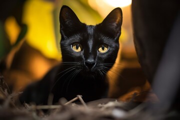 a black cat with yellow eyes sitting in the dark
