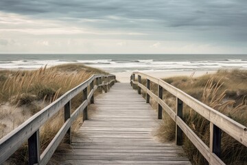 wooden boardwalk to the beach and the ocean, cloudy sky