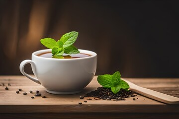 Cup of tea and mint on a wooden background.AI generated