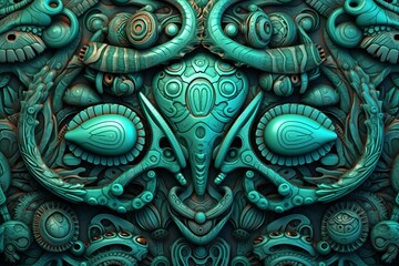 a blue and green background with a lot of ornate designs