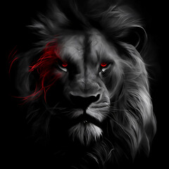 AI generated illustration of a majestic lion illuminated in the darkness by its bright red eyes
