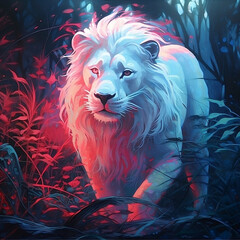 AI generated white lion standing in forest