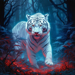 AI generated illustration of a tiger walking through a sun-dappled forest