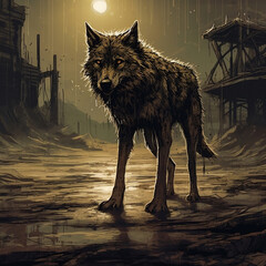 AI generated illustration of a solitary wolf standing in the mud outside of a desolate village