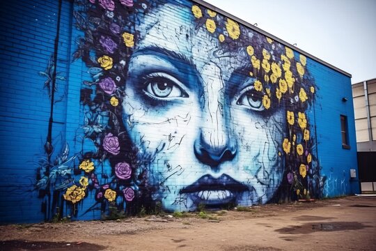 a blue building with a mural of a womans face and flowers