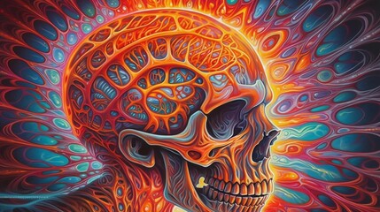 AI generated illustration of a vibrant, abstract painting featuring a human skull