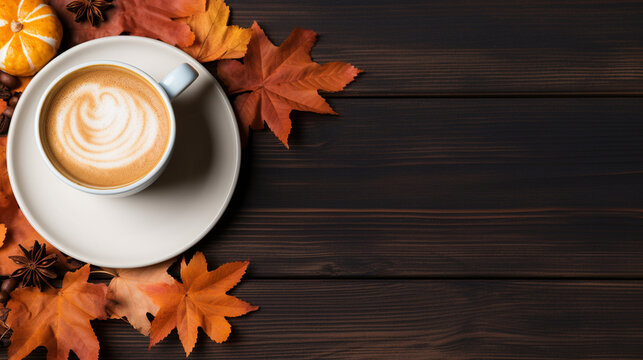 Close-up of a steaming cup of pumpkin spice latte, autumn banner, autumn background Generative AI