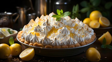 Delicious lemon meringue pie with fresh lemons nearby, AI-generated.