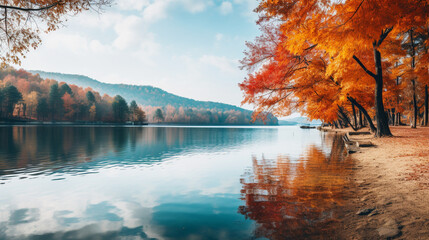 Serene lake surrounded by colorful trees during autumn, autumn banner, autumn background Generative AI