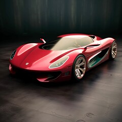 Modern red sports car parked against a dark background. AI-generated.