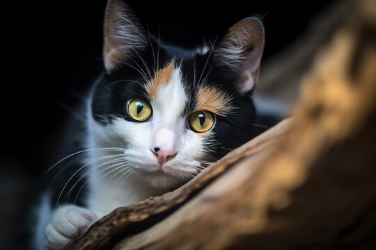 a calico cat is looking at the camera