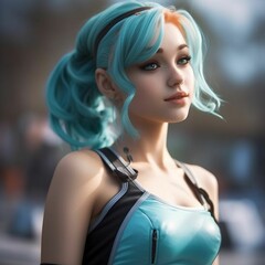 Young adult woman with long, light blue hair wearing a leather top. Ai generated