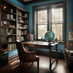 AI generated illustration of modern office chair and desk situated in room with expansive bookcases