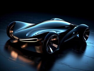 Black sleek car in a futuristic setting with a reflective surface. AI-generated.