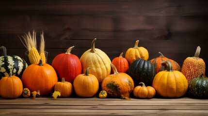 A row of pumpkins and gourds on a rustic wooden fence, autumn banner, autumn background Generative AI