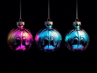 Obraz premium AI generated illustration of three festive Christmas ornaments hanging from a string
