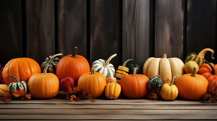 A row of pumpkins and gourds on a rustic wooden fence, autumn banner, autumn background Generative AI