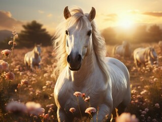 Obraz na płótnie Canvas AI-generated illustration of a majestic white horse standing in a sunlit meadow full of pink flowers