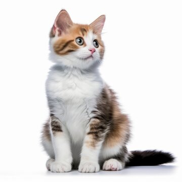 a calico kitten sitting on a white background
