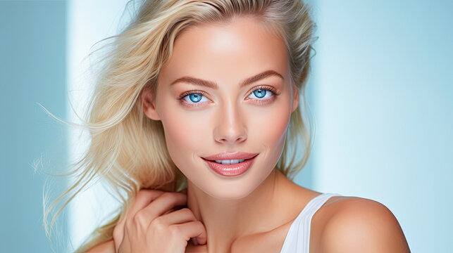 scandinavian blonde skincare model with beautiful perfect skin. blue background.