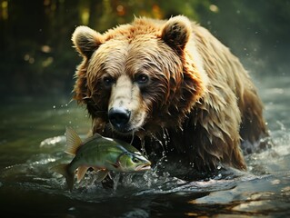 AI generated illustration of a brown bear in a river with a freshly caught fish