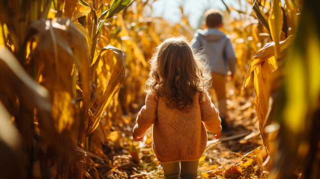 Children playing in a corn maze during a sunny autumn day, autumn banner, autumn background Generative AI