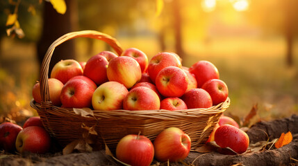Close-up of a basket filled with freshly picked apples, autumn banner, autumn background Generative AI