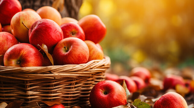 Close-up of a basket filled with freshly picked apples, autumn banner, autumn background Generative AI