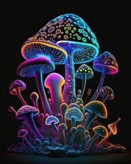 AI-generated illustration of colorful mushrooms glowing in the darkness.
