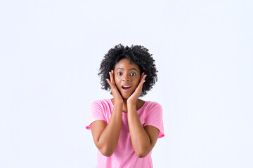 colombian girl with afro hair with surprise gesture in pink t-shirt on white background