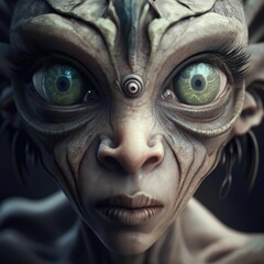 AI generated illustration of a mysterious creature with bright green eyes against a dark background