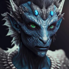 AI generated illustration of a mysterious blue creature with vibrant green eyes
