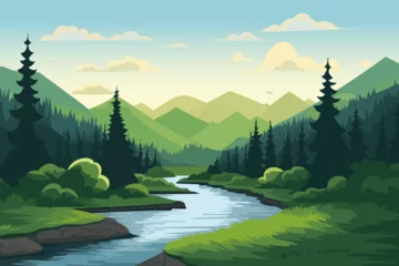 Wall murals Pool Beautiful landscape of the river, forest and mountains. A river surrounded by forest and mountains in the background. Vector landscape for printing.