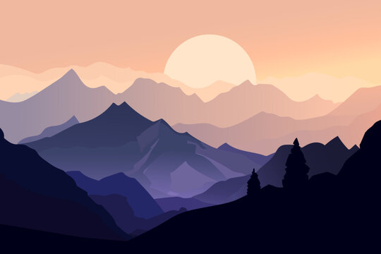Vector landscape of beautiful mountains against the backdrop of sunset. The concept of travel, climbing mountains, hiking.
