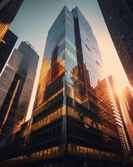 Towering office buildings illuminated by warm light at sunset. AI-generated.