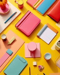 Variety of colorful stationery products arranged on a tabletop surface. AI-generated.