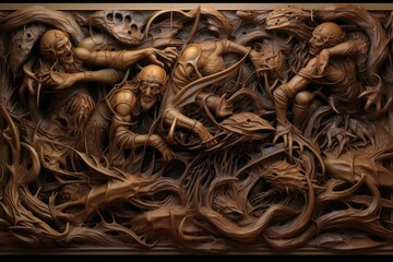 a carving of a group of people in a forest