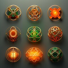 Set of magical items with a green and orange glow. Magical relics. AI-generated.