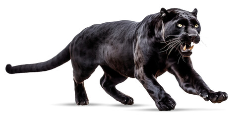 scary black panther running to chase on isolated transparent background