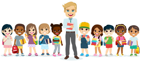 Obraz premium Vector illustration of male teacher standing smiling with group of cute children with backpacks and books isolated ready back to school