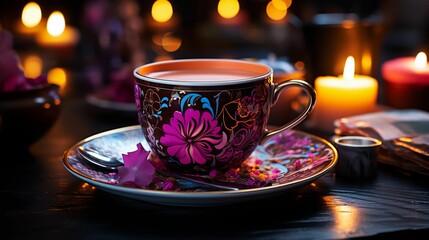 AI generated illustration of a cup with a delicate floral pattern with a freshly brewed hot tea