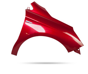 Red metallic fender on a white isolated background in a photo studio for sale or replacement in a...