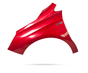 Red metallic fender on a white isolated background in a photo studio for sale or replacement in a car service. Mudguard on auto-parsing for repair or a device to protect the body from dirt. - obrazy, fototapety, plakaty