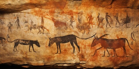 AI Generated. AI Generative. Primitive historical stone cave wall drawing art of animals hunting. Graphic Art