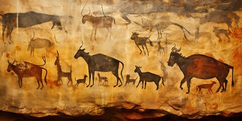 AI Generated. AI Generative. Primitive historical stone cave wall drawing art of animals hunting. Graphic Art