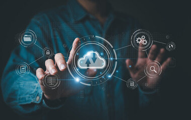 Business person migrate data and corporate information into cloud technology for data security and...