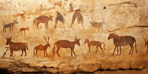 AI Generated. AI Generative. Primitive historical stone cave wall drawing art of animals hunting. Graphic Art